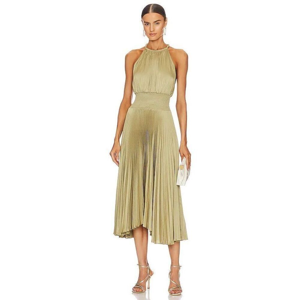 A.L.C. Womens Elmwood Olive Green Renzo Ii Pleated Sleeveless Midi Dress Size 10